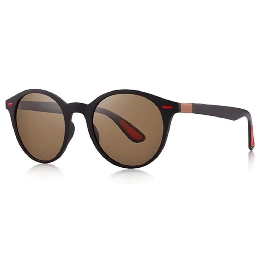 Mens Polarized Sunglasses Round Matte Black Frame Brown Lens Red Accent Fancy‎
